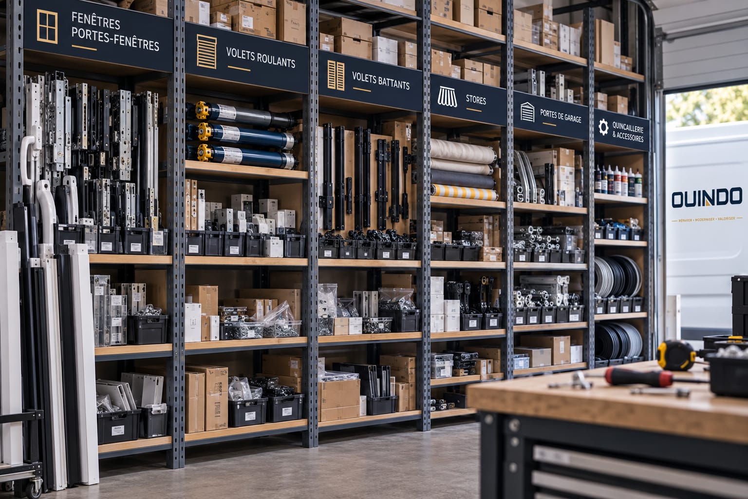 Composants de menuiseries et fermetures posés sur un établi