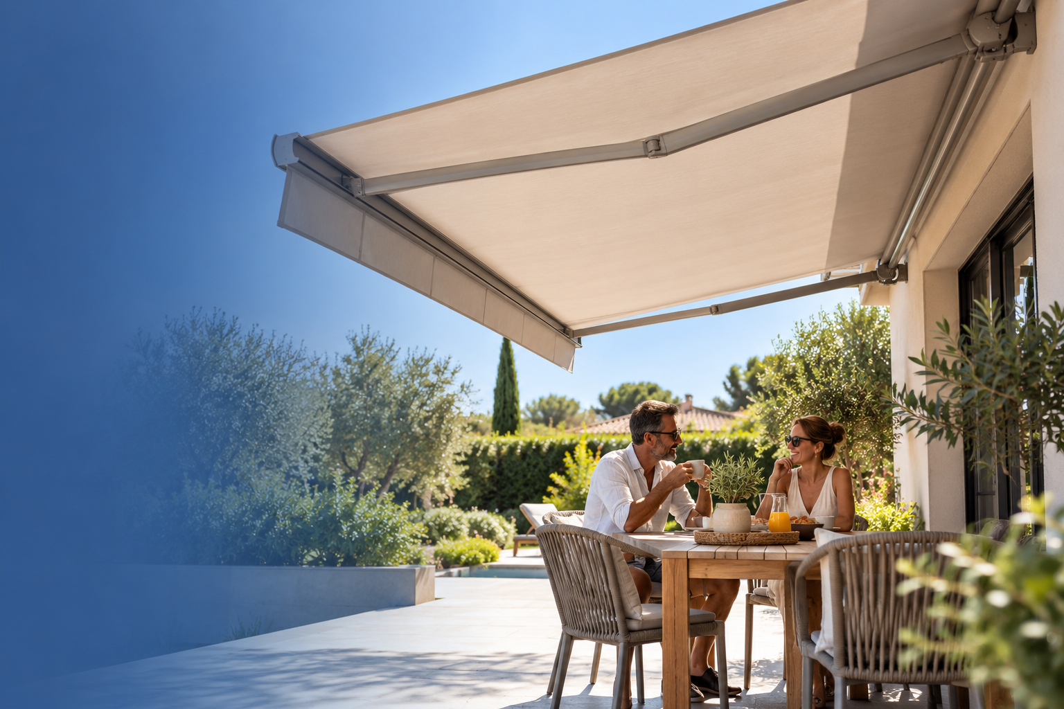 Store banne modernisé au-dessus d'une terrasse