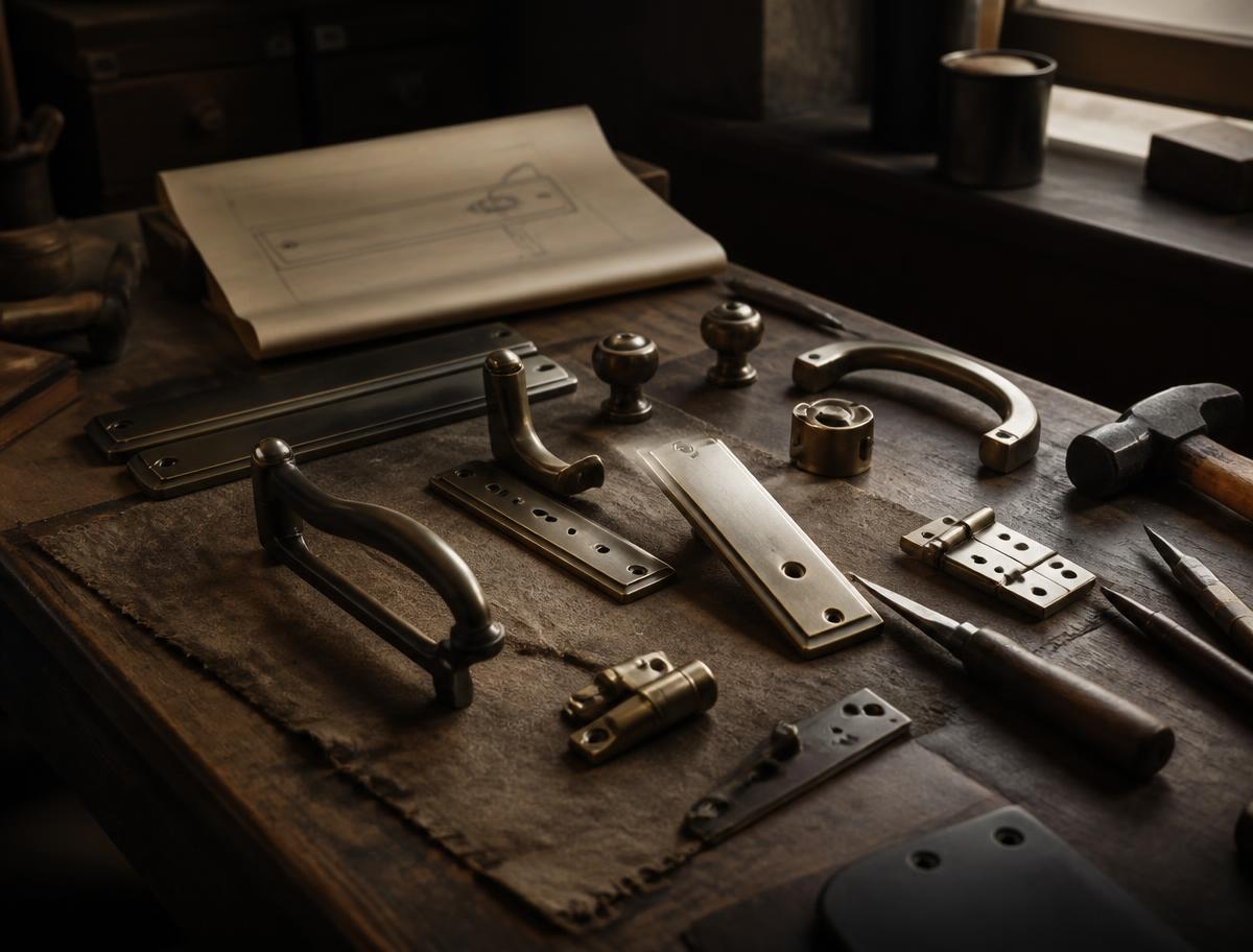 Pièces de quincaillerie et outils sur l'établi de l'atelier OUINDO