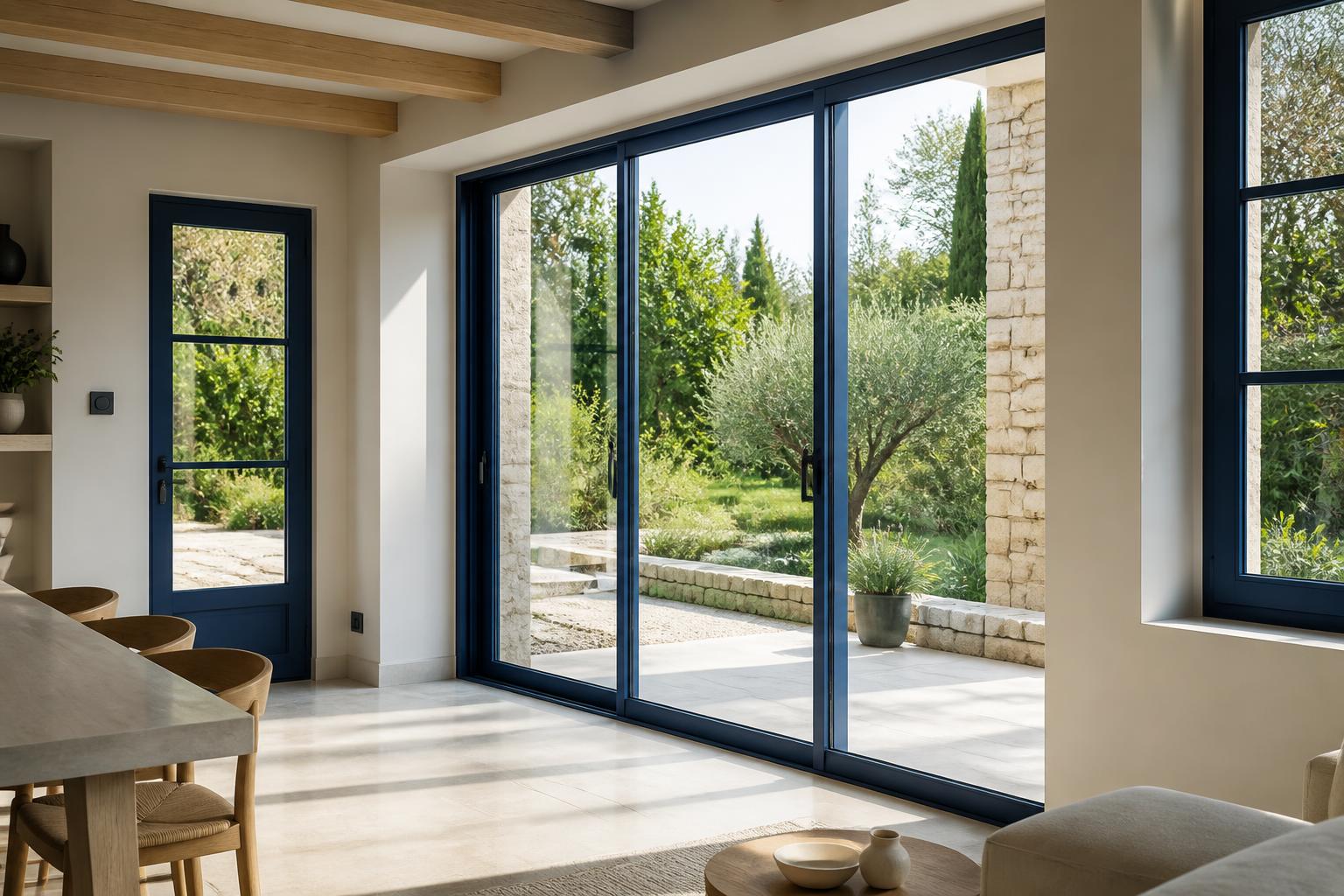 Baie coulissante, porte et fenêtres en aluminium bleu dans un intérieur contemporain