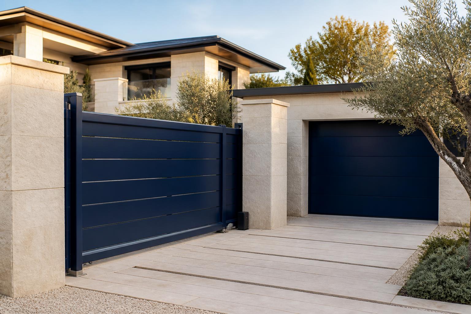 Portail coulissant et porte de garage en aluminium bleu sur une villa contemporaine
