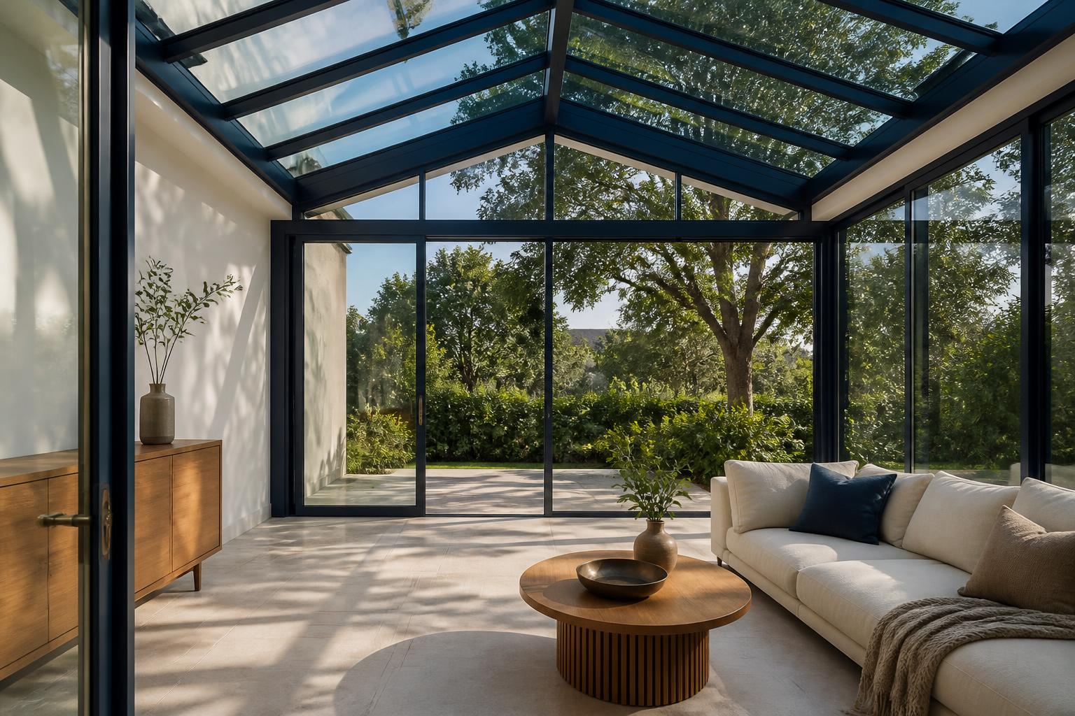 Véranda contemporaine avec toiture vitrée et profilés en aluminium bleu