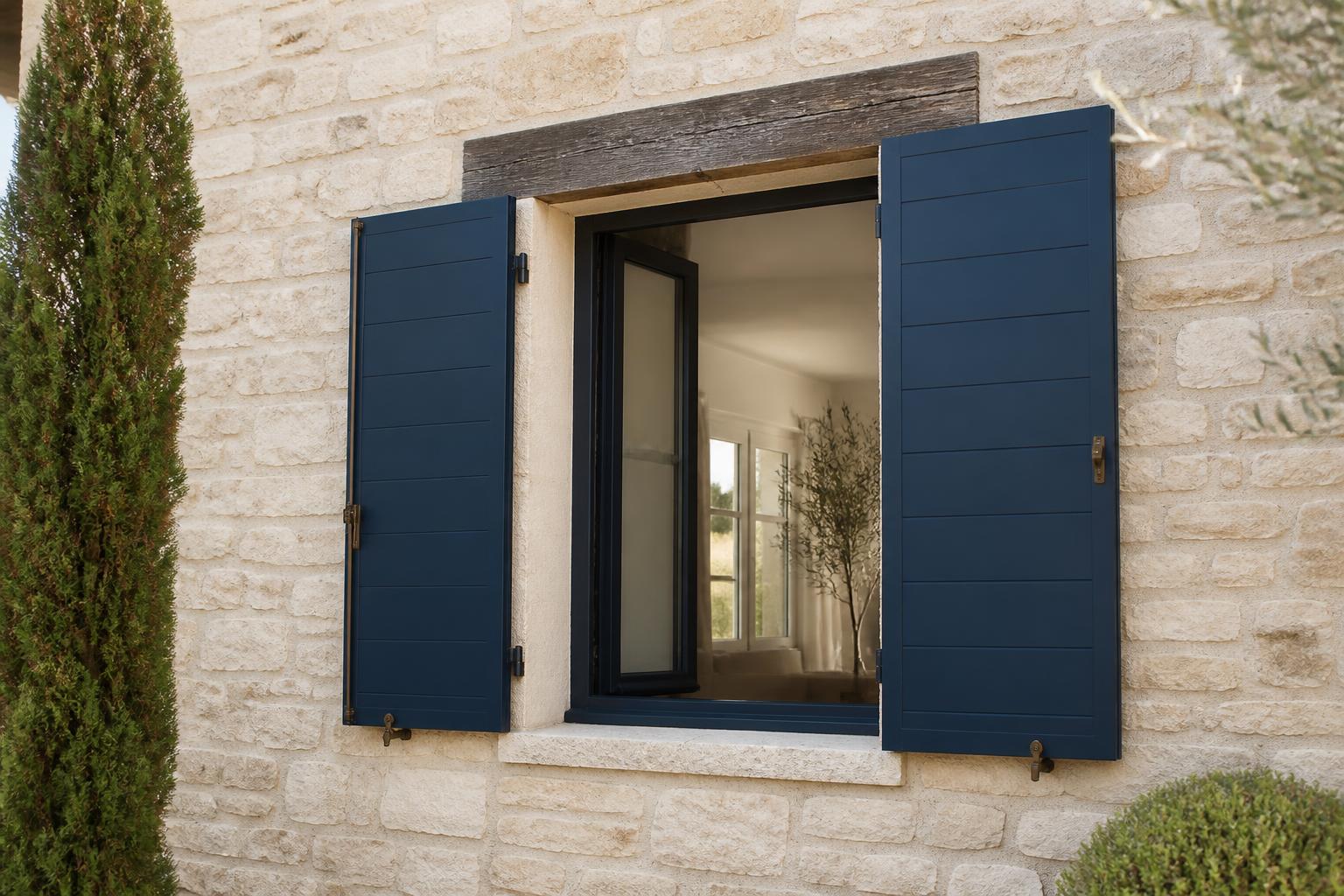 Volets battants bleu marine ouverts sur une façade en pierre claire