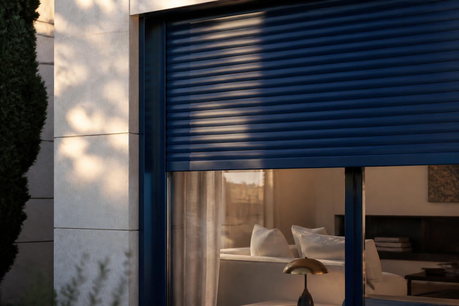 Volet roulant en aluminium bleu partiellement ouvert devant une baie vitrée